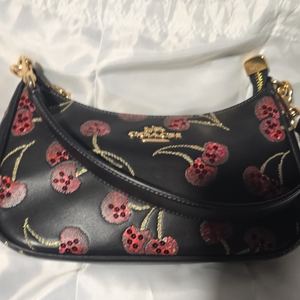 Coach Teri  Black Leather Shoulder Bag with Red Cherry Embroidery